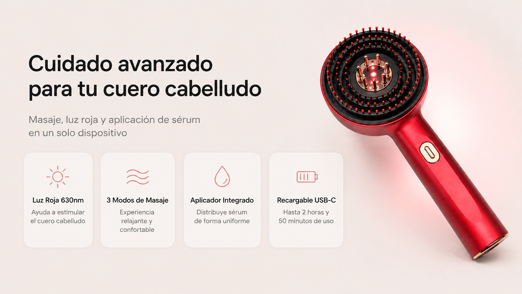Cepillo Masajeador con Luz Roja y Aplicador de Sérum