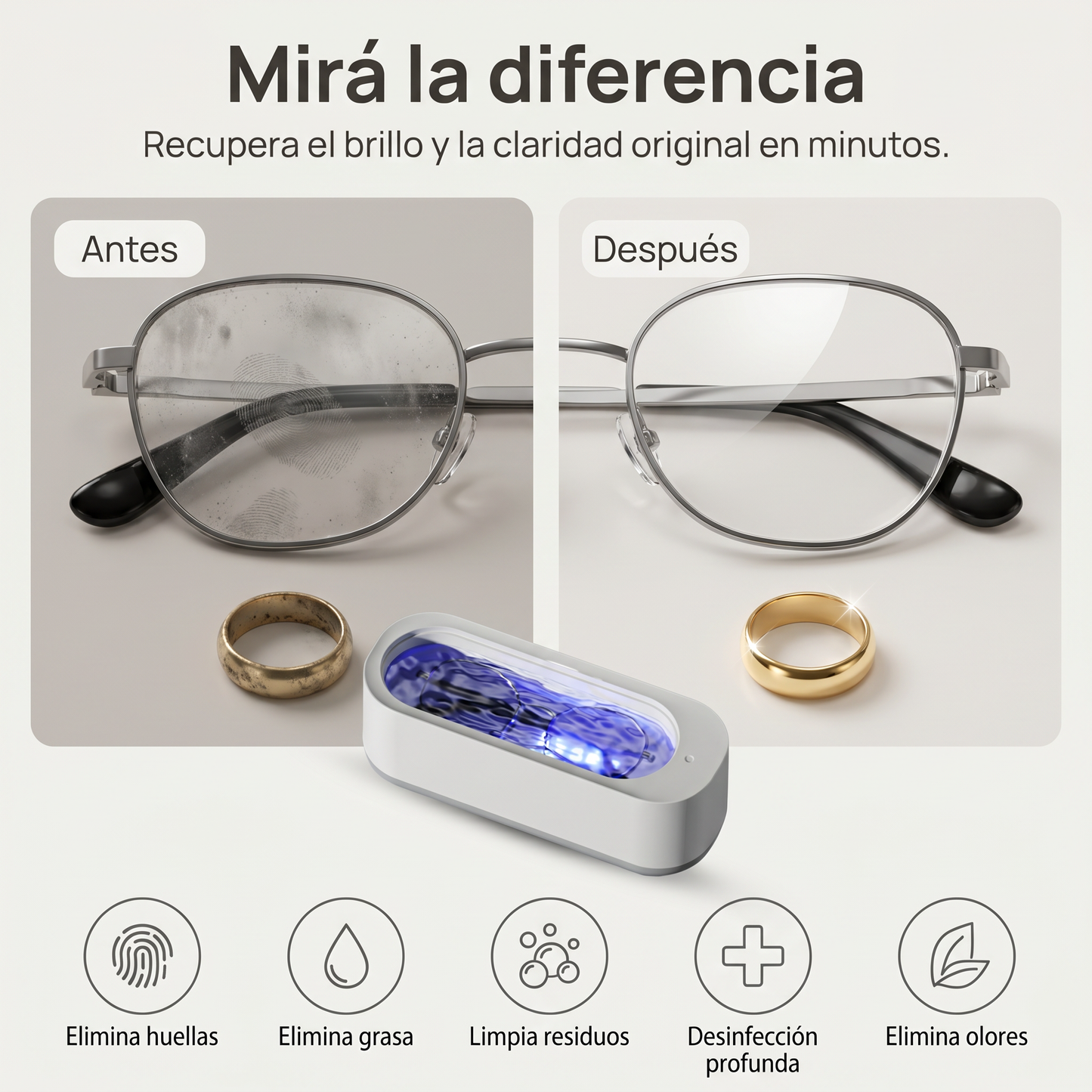 Limpiador Ultrasónico Recargable con UV – Joyas, Lentes, Brochas